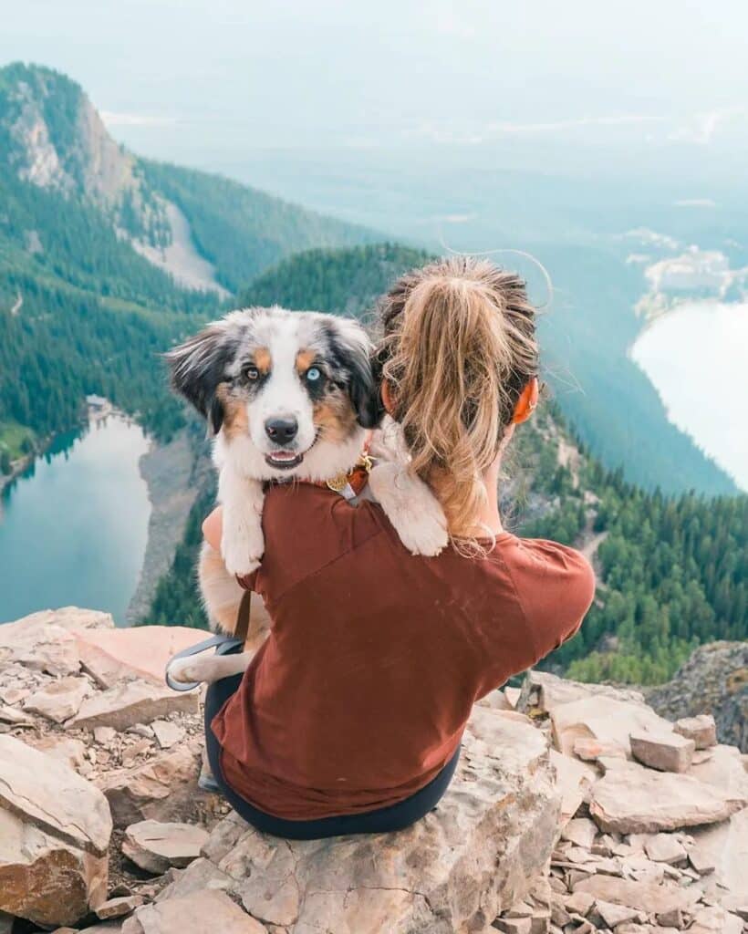 Victoria with her back to the camera and Farley looking over her shoulder as Victoria takes in the view of Banff National Park from a very high elevation